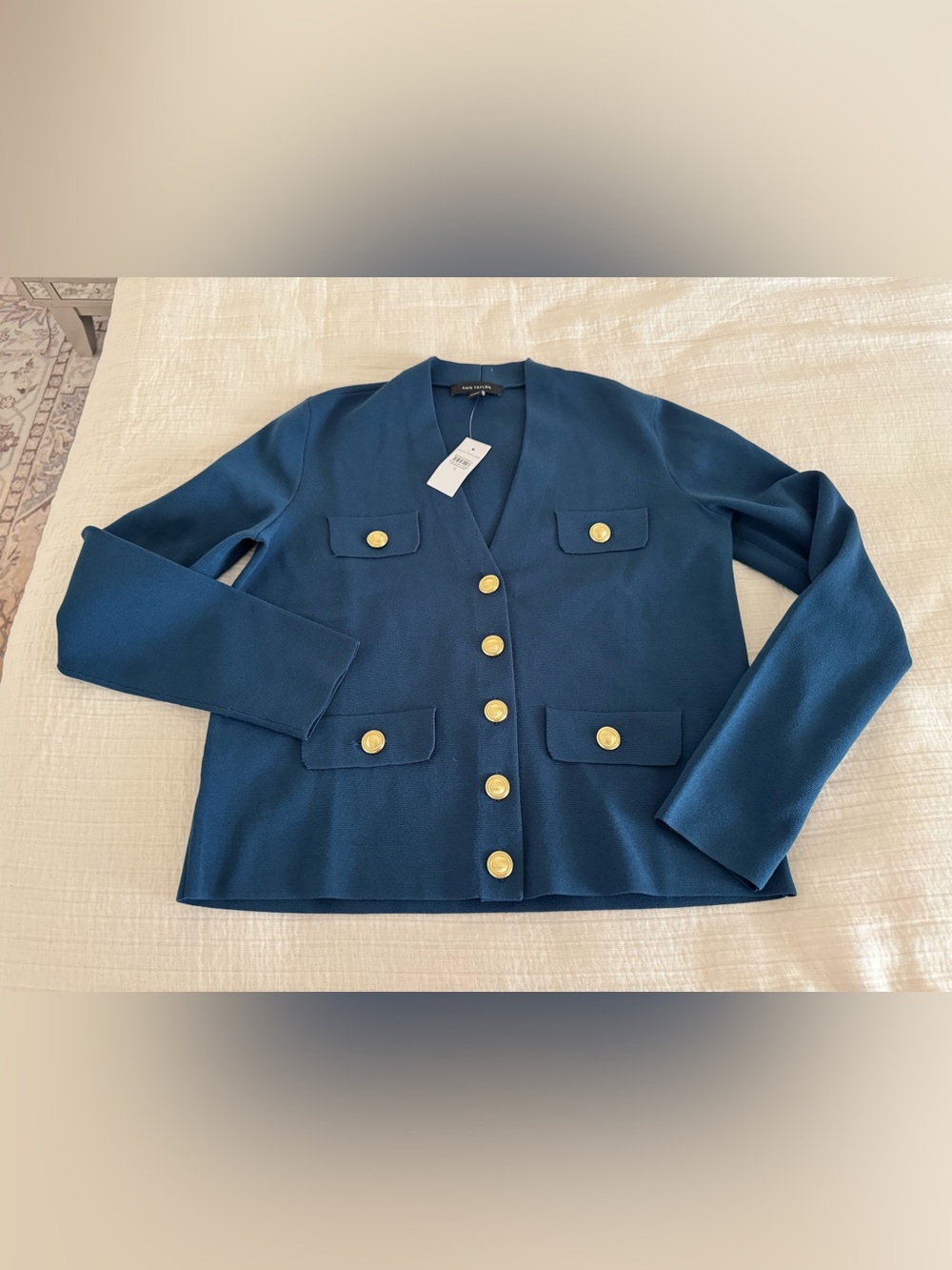 Ann Taylor NWT Teal Blue Gold Button Cardigan Jacket Size Small